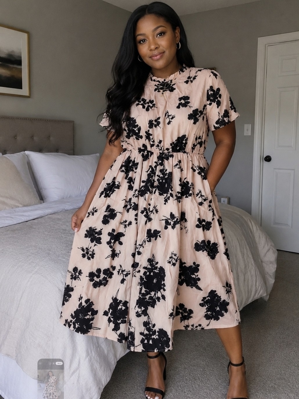 Beige Cream Midi Dress with Black Floral Appliqué